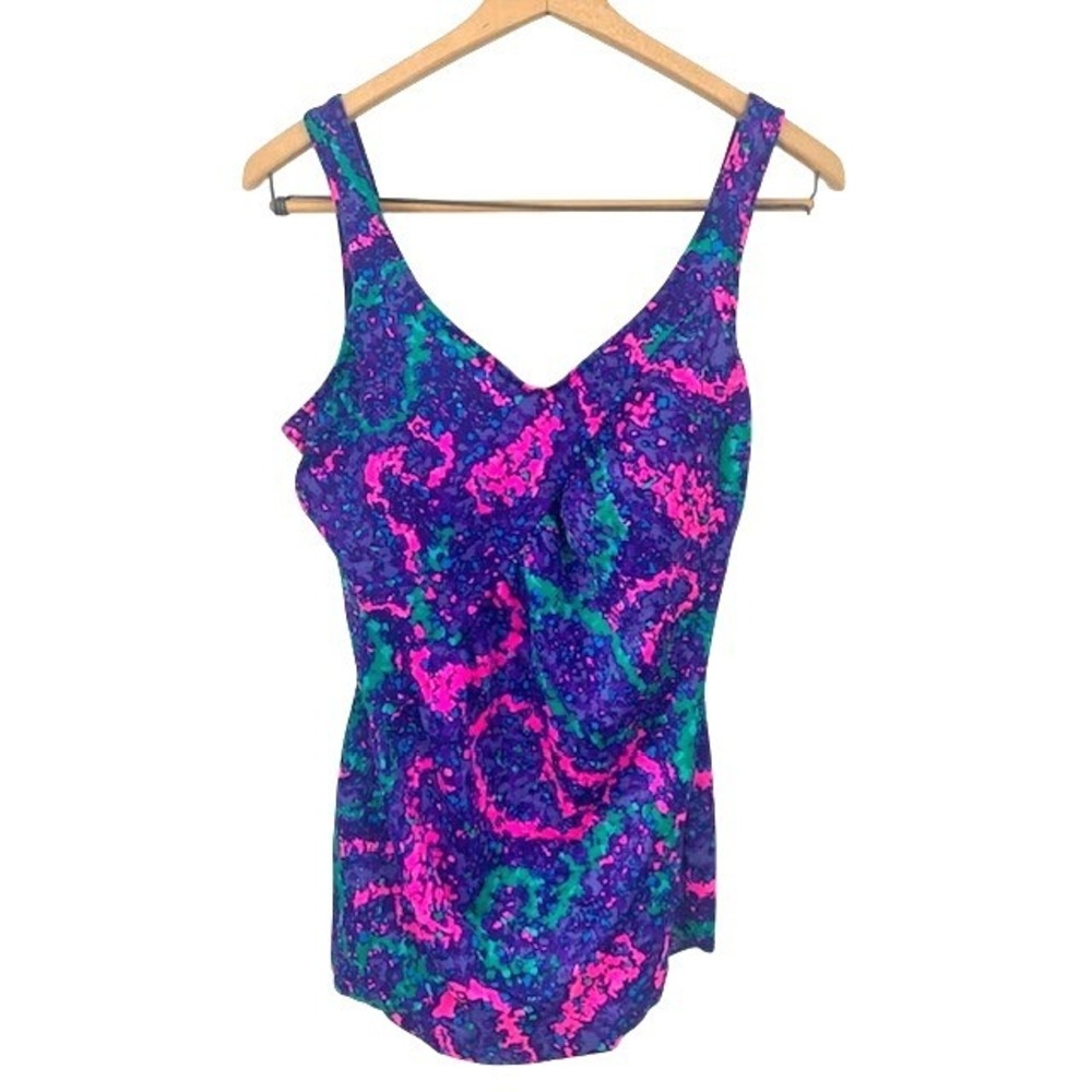 NWT Vintage 80s Swimsuit 18 Neon Abstract Retro Purple Pink One Piece Dress